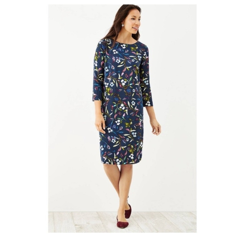 J Jill Women XL Navy Floral Print 3/4 Sleeve Rayon Shift Dress watercolors